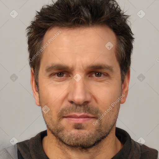 Neutral white adult male with short  brown hair and brown eyes