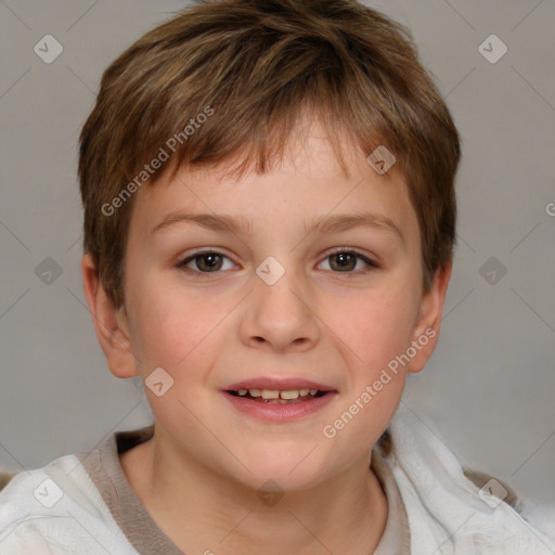 Joyful white child male with short  brown hair and brown eyes