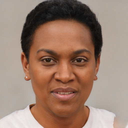 Joyful black young-adult female with short  brown hair and brown eyes