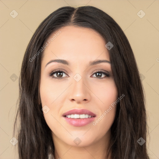 Joyful asian young-adult female with long  black hair and brown eyes