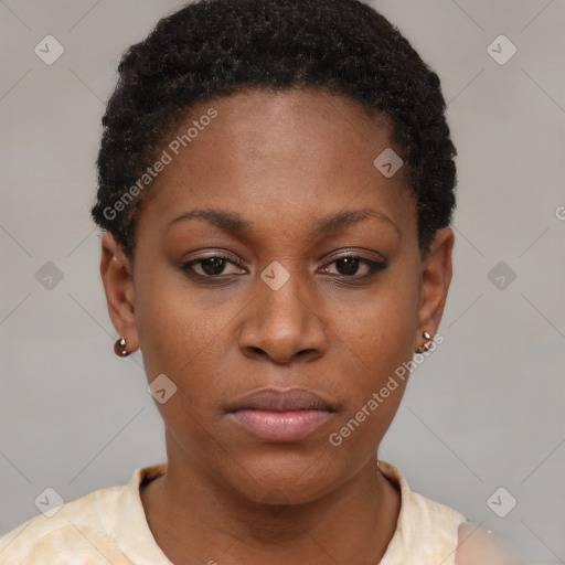 Neutral black young-adult female with short  brown hair and brown eyes