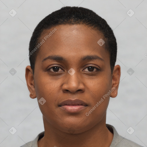Joyful black young-adult female with short  brown hair and brown eyes