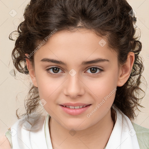 Joyful white child female with medium  brown hair and brown eyes