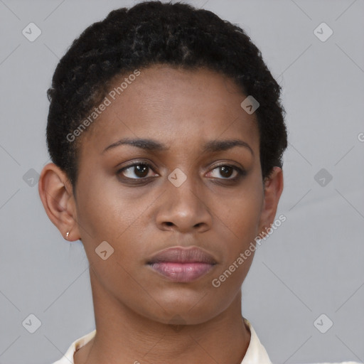 Neutral black young-adult female with short  brown hair and brown eyes