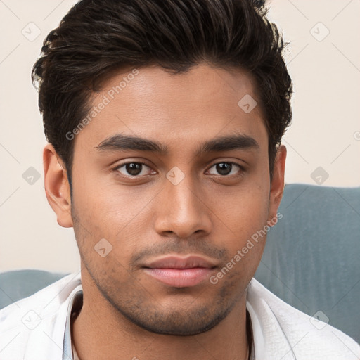 Neutral white young-adult male with short  brown hair and brown eyes