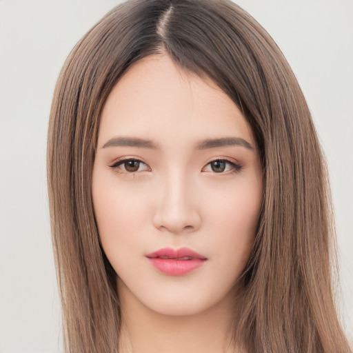 Neutral asian young-adult female with long  brown hair and brown eyes