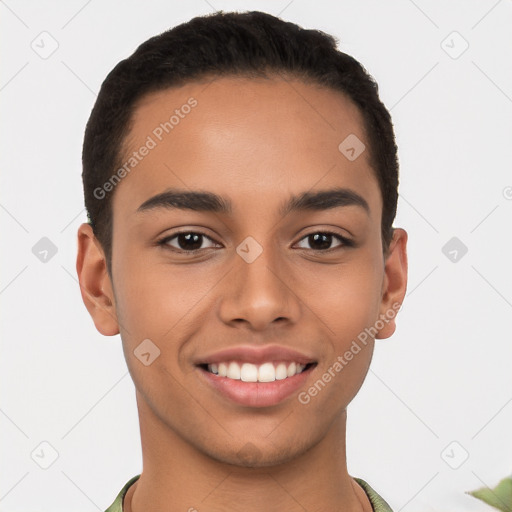 Joyful latino young-adult male with short  brown hair and brown eyes