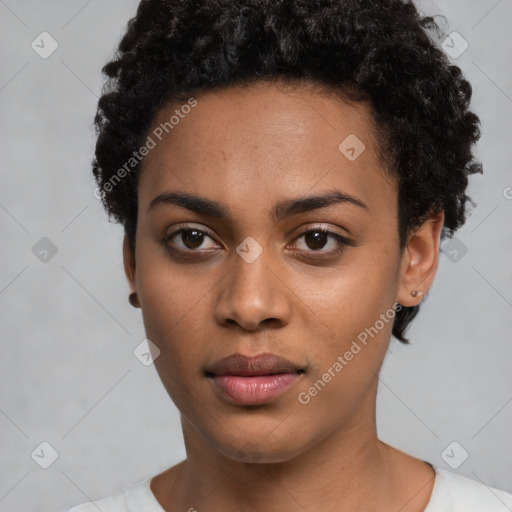 Neutral black young-adult female with short  black hair and brown eyes