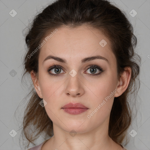 Neutral white young-adult female with medium  brown hair and brown eyes