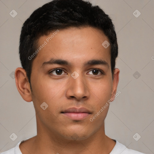 Neutral latino young-adult male with short  brown hair and brown eyes