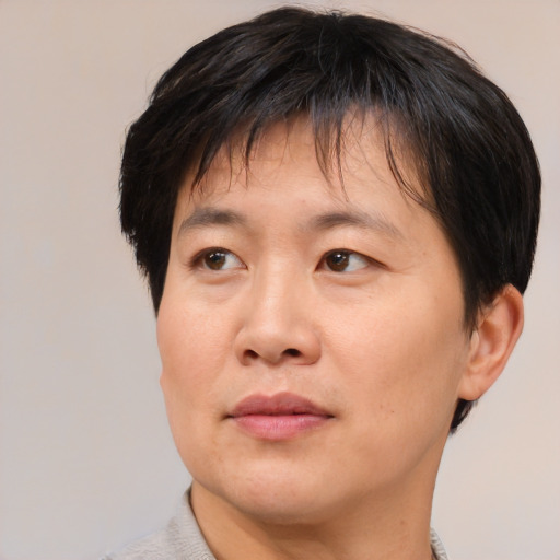 Neutral asian adult male with short  brown hair and brown eyes