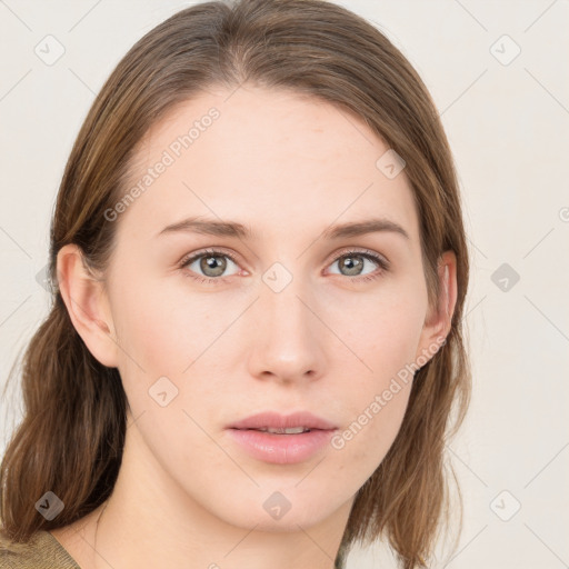 Neutral white young-adult female with medium  brown hair and grey eyes