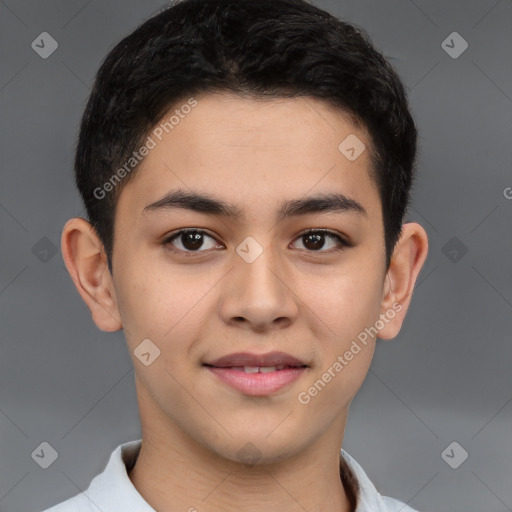 Joyful latino young-adult male with short  brown hair and brown eyes