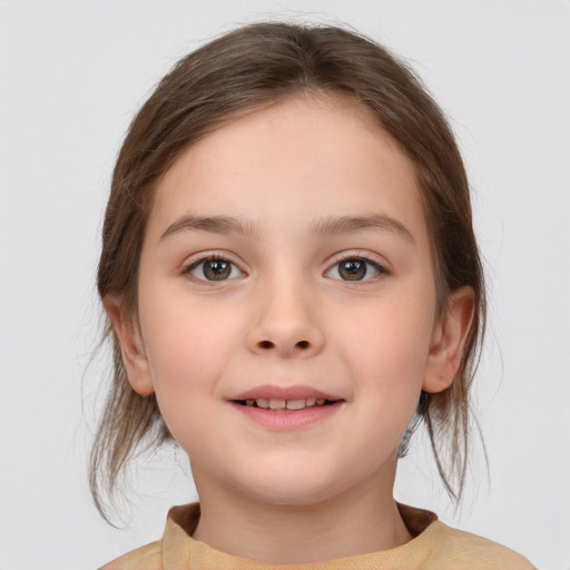 Joyful white child female with medium  brown hair and grey eyes