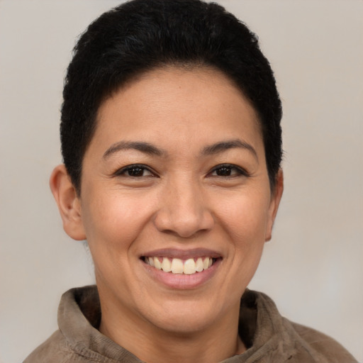 Joyful latino young-adult female with short  brown hair and brown eyes