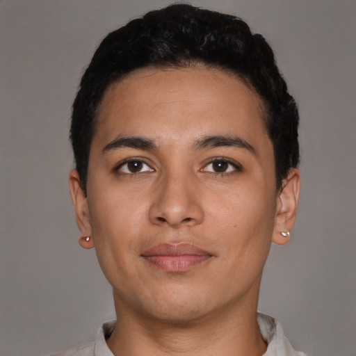 Neutral latino young-adult male with short  black hair and brown eyes
