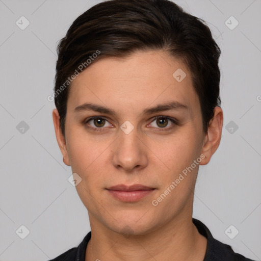 Neutral white young-adult female with short  brown hair and brown eyes