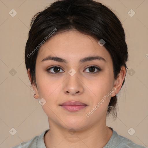 Neutral white young-adult female with medium  brown hair and brown eyes