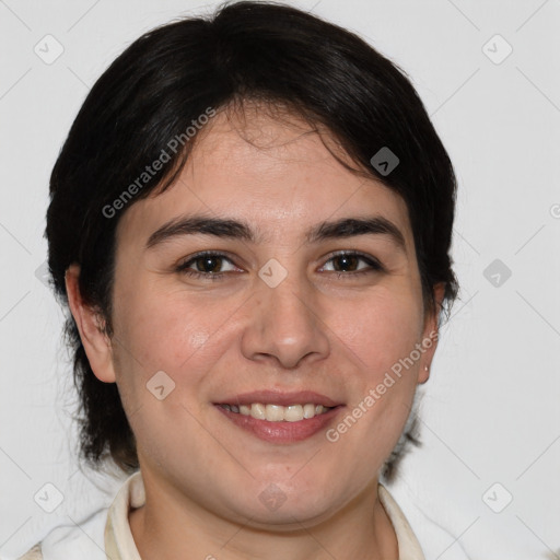 Joyful white young-adult female with medium  brown hair and brown eyes