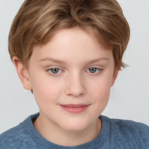 Joyful white child female with short  brown hair and blue eyes