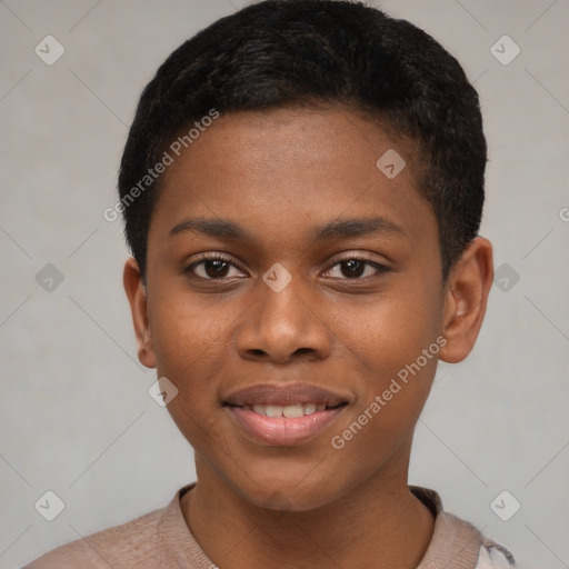 Joyful black young-adult male with short  brown hair and brown eyes