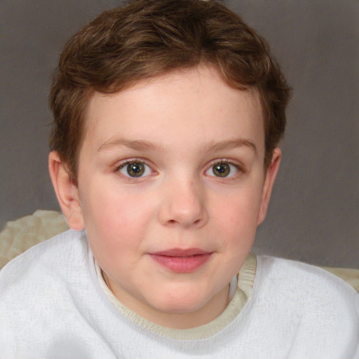 Joyful white child female with short  brown hair and brown eyes