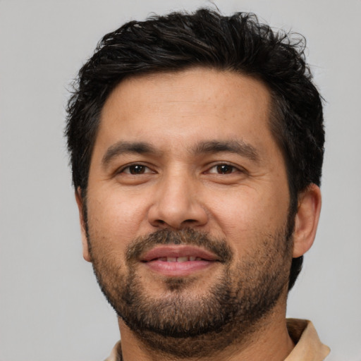 Neutral asian adult male with short  brown hair and brown eyes