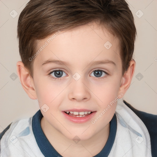 Joyful white child female with short  brown hair and brown eyes