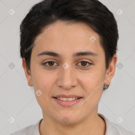 Joyful white young-adult female with short  brown hair and brown eyes