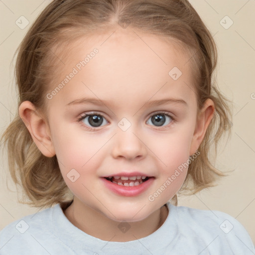 Joyful white child female with medium  brown hair and blue eyes