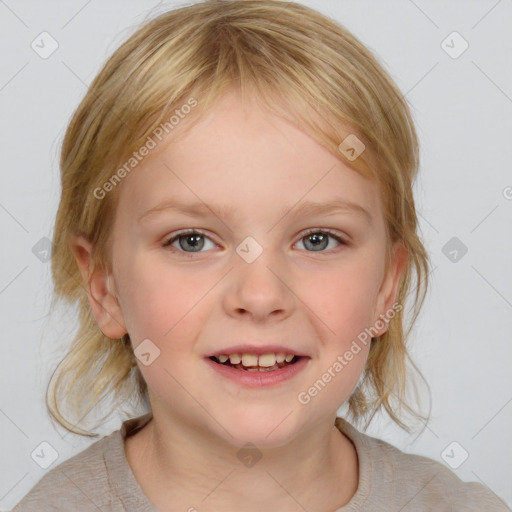 Joyful white child female with medium  brown hair and blue eyes