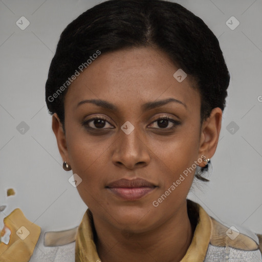 Neutral black young-adult female with short  brown hair and brown eyes