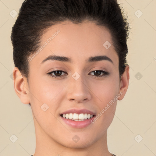 Joyful white young-adult female with short  brown hair and brown eyes