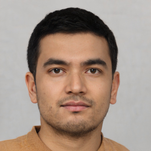 Neutral asian young-adult male with short  black hair and brown eyes