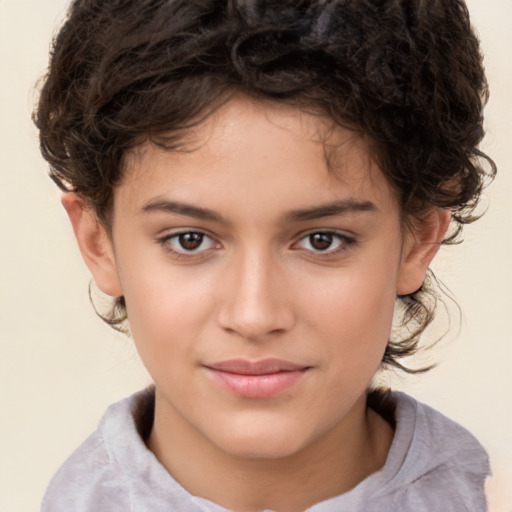 Joyful white child female with medium  brown hair and brown eyes