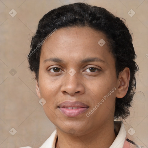 Joyful white adult female with short  brown hair and brown eyes