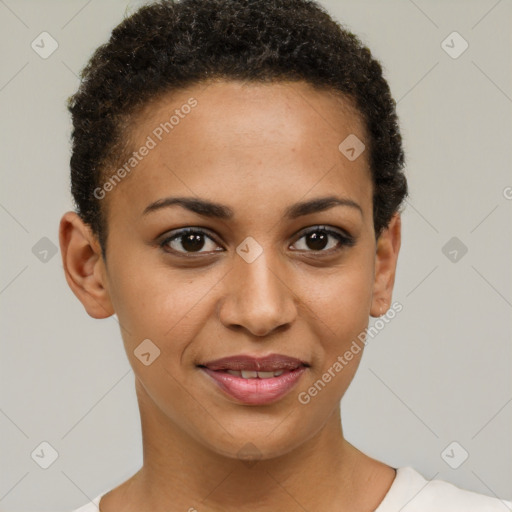 Joyful black young-adult female with short  brown hair and brown eyes