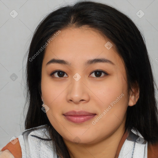 Joyful asian young-adult female with medium  black hair and brown eyes