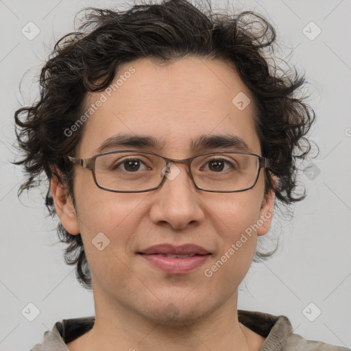 Joyful white adult male with medium  brown hair and brown eyes