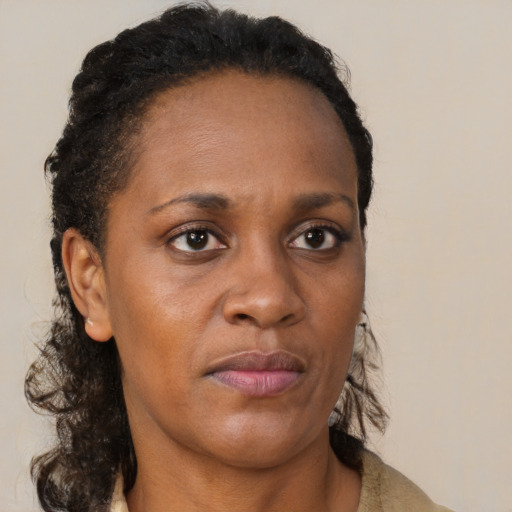 Neutral black adult female with medium  brown hair and brown eyes