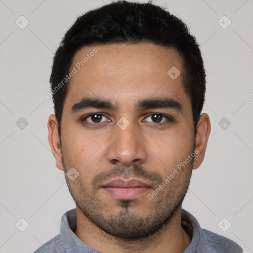 Neutral latino young-adult male with short  black hair and brown eyes