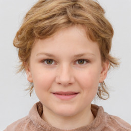 Joyful white child female with medium  brown hair and blue eyes