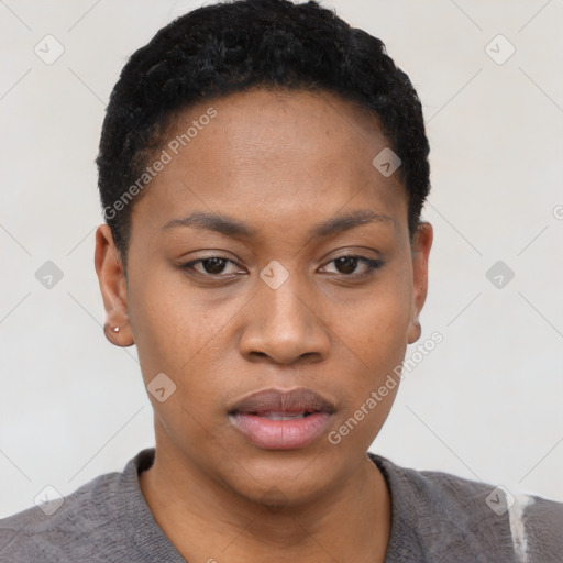 Neutral black young-adult female with short  black hair and brown eyes