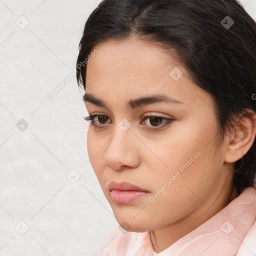 Neutral white young-adult female with medium  brown hair and brown eyes