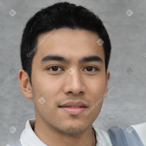 Neutral asian young-adult male with short  black hair and brown eyes