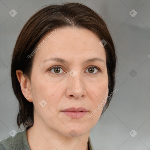 Neutral white adult female with medium  brown hair and brown eyes