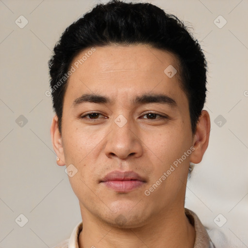 Neutral asian young-adult male with short  black hair and brown eyes