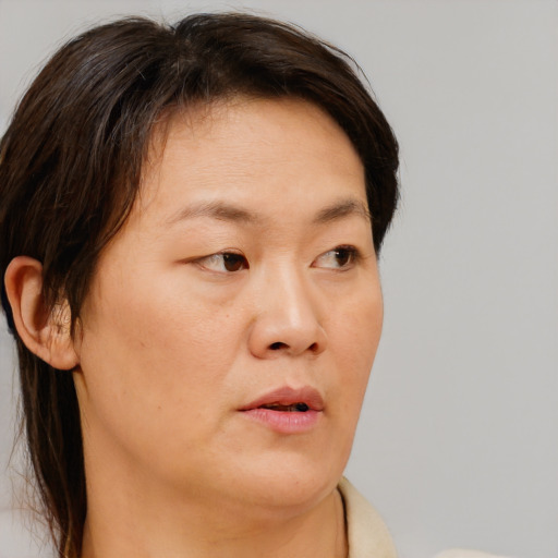 Neutral asian young-adult female with medium  brown hair and brown eyes