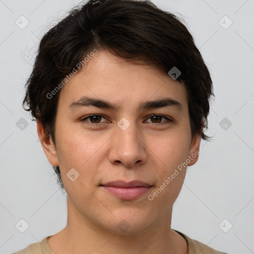 Joyful white young-adult female with short  brown hair and brown eyes