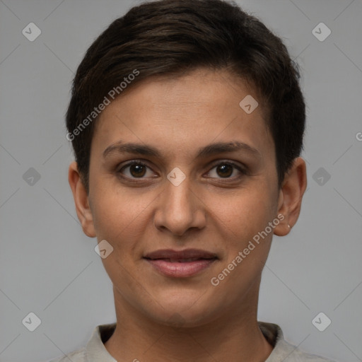 Joyful white young-adult female with short  brown hair and brown eyes